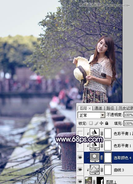 PS調出河道邊女孩唯美紫色藝術效果