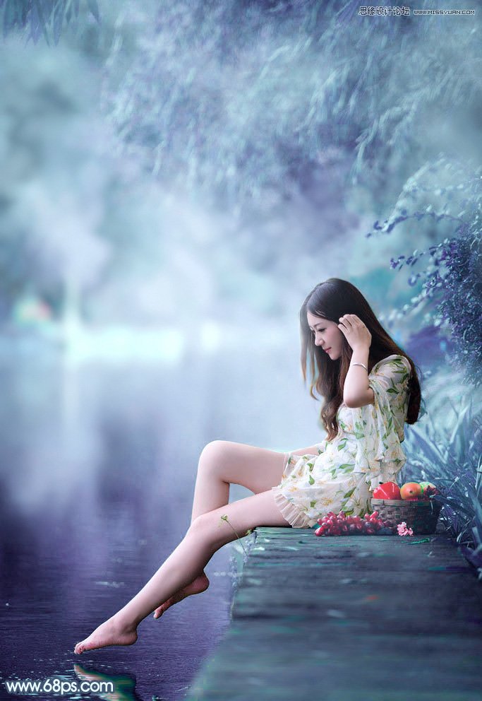 PS調出河邊美女夢幻藍色效果