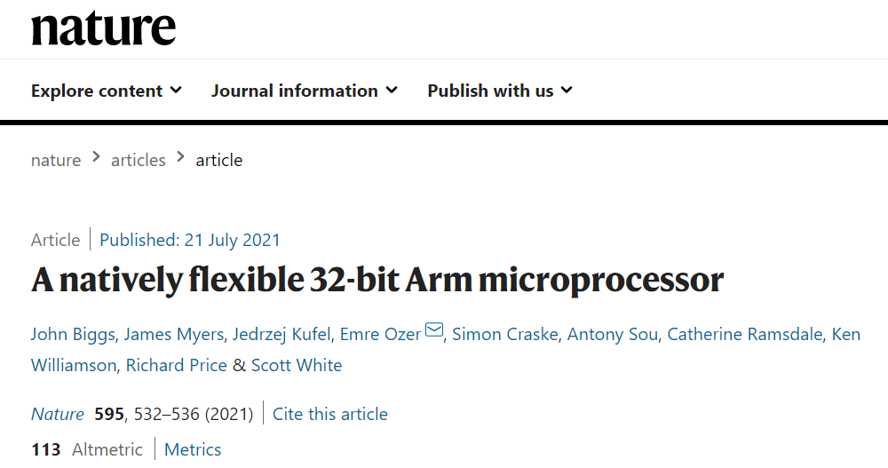 Arm 塑料芯片登 Nature：0.8μm，首款柔性原生 32 位微處理器
