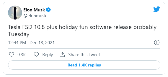 馬斯克：特斯拉 FSD 10.8 以及假日娛樂軟件可能于周二發布