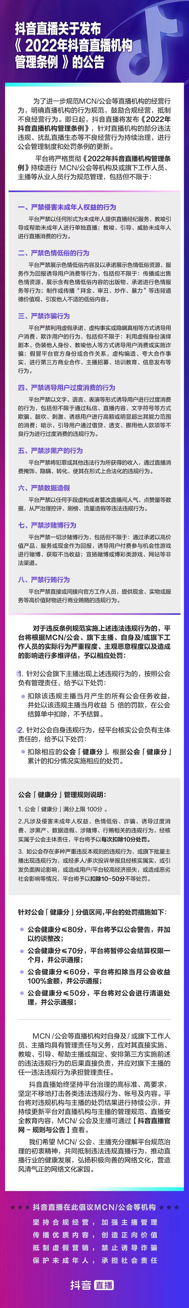 抖音直播推出直播機構“健康分”制度，滿分 100 低于 50 直接清退